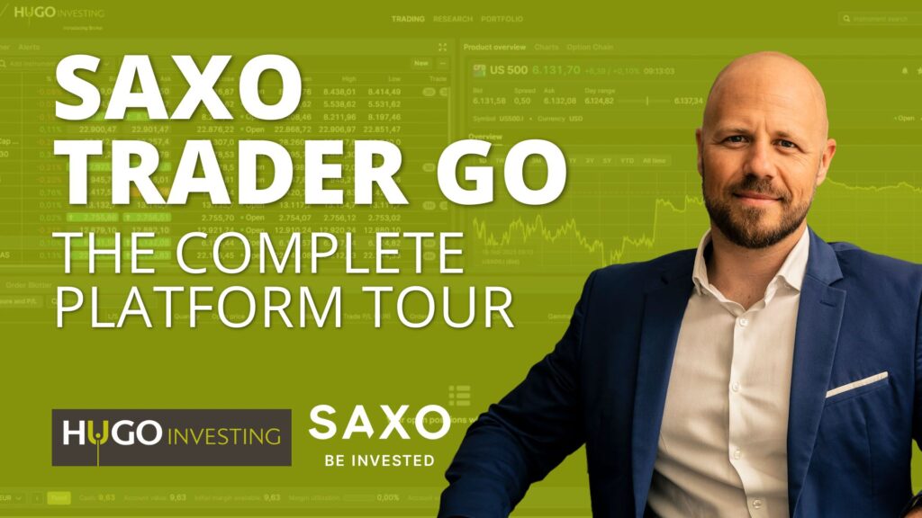 SaxoTraderGO trading platform dashboard showing real-time stock charts watchlists and product overview by Hugo Investing