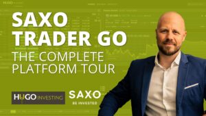 SaxoTraderGO trading platform dashboard showing real-time stock charts watchlists and product overview by Hugo Investing