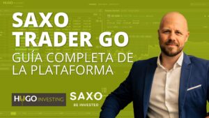 panel de control de la plataforma de inversión SaxoTraderGO con gráficos de acciones en tiempo real y listas de seguimiento de Hugo Investing